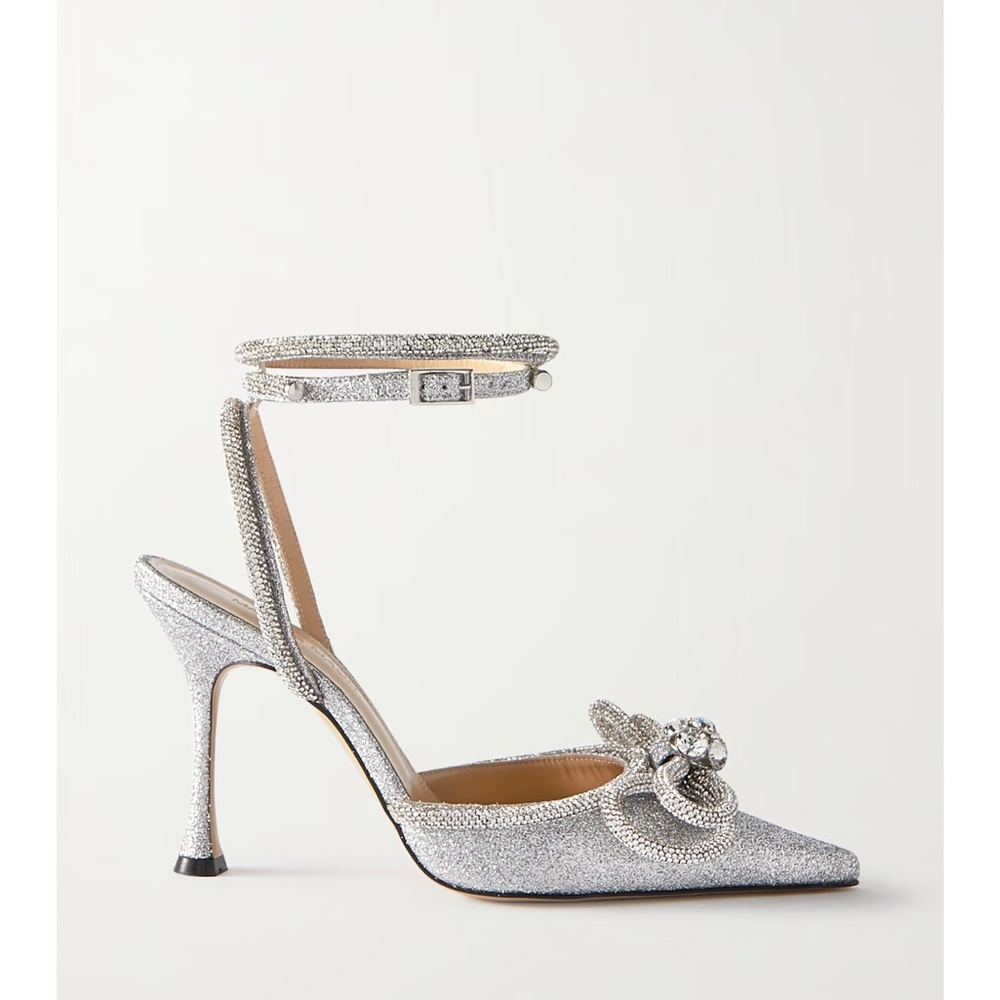MACH & MACH Silver glitter Crystal double Bow Heels